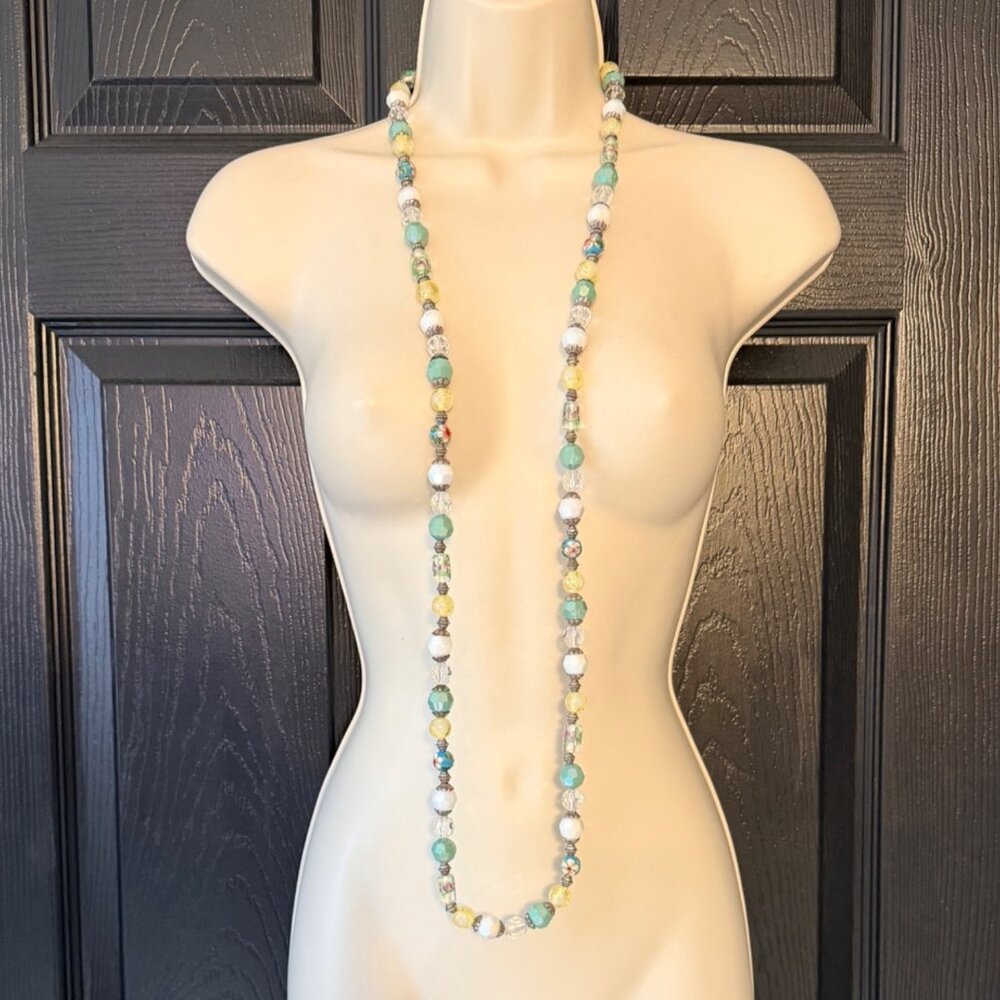 Vintage 1980s 48” Long Beaded Necklace Wrap Style Art Glass Silvertone - Picture 9 of 9